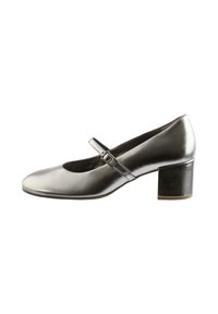 Metallic silver Mary Jane shoe with a rounded toe, adjustable strap, and a chunky black heel. Smooth texture with minimal detailing.