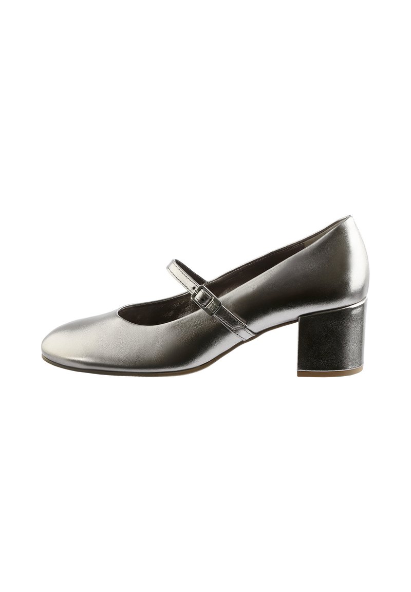 Metallic silver Mary Jane shoe with a rounded toe, adjustable strap, and a chunky black heel. Smooth texture with minimal detailing.