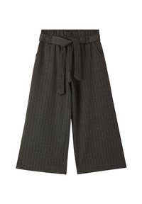 Szare spodnie z szerokimi nogawkami, o fakturowanym wzorze w prążki, z paskiem w talii i dwiema bocznymi kieszeniami.