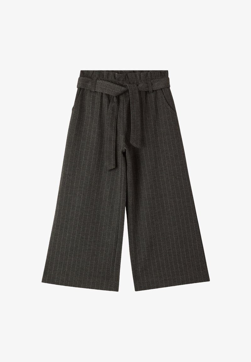 Pantaloni grigi a gamba larga con un motivo a righe in rilievo, vita con cintura e due tasche laterali.