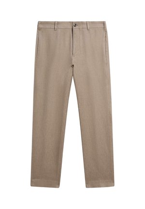 Beige Hose mit geradem Bein, Gürtelschlaufen, vorderer Knopf- und Reißverschluss, mit seitlichen Taschen und schlichtem Vorderdesign.