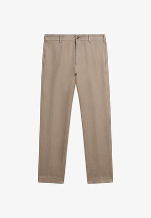 Beige Hose mit geradem Bein, Gürtelschlaufen, vorderer Knopf- und Reißverschluss, mit seitlichen Taschen und schlichtem Vorderdesign.