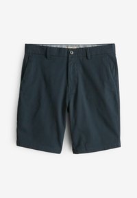 Shorts negri închis, confecționați dintr-un material fin și ușor. Au două buzunare laterale, închidere cu nasture și o croială clasică. Fără modele sau accente.