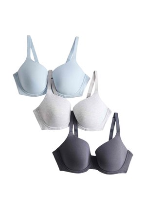 Three padded bras in light blue, light gray, and dark gray, arranged overlapping on a white background.