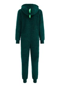 Vihreä fleece-yksisarvinen, jossa on teksturoitu, pörröinen pinta. Siinä on huppu, jossa on kolme vihreää piikkiä takana, ja ribbaatut hihansuut nilkoissa.