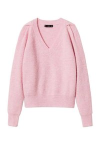 Svetr s výstřihem do V v jemné růžové barvě. Vyrobený z texturované pletené látky s dlouhými rukávy a jemnými detaily na ramenou. Žebrované manžety a lem.