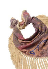 Woven scarf in earthy tones, featuring floral patterns, decorative stitching, and fringed edges, combining texture with vibrant color accents.
