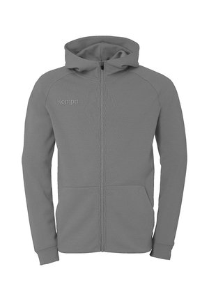 Grijze hoodie met volledige rits, lange mouwen, voorzakken en "Kempa"-logo op de linkerborst.
