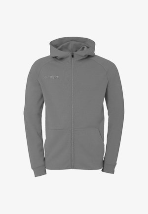 Sweat à capuche gris à fermeture intégrale, manches longues, poches avant et logo "Kempa" sur la poitrine gauche.
