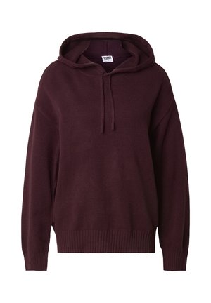 Bordeauxroter Kapuzenpullover aus weichem Strickmaterial, mit lockerem Fit, geripptem Saum und Kordelzug am Hals.