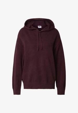 Bordeauxroter Kapuzenpullover aus weichem Strickmaterial, mit lockerem Fit, geripptem Saum und Kordelzug am Hals.