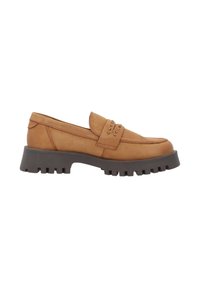 Tan leather loafers with a rounded toe, decorative row of studs on the strap, and a chunky, textured dark gray rubber sole.