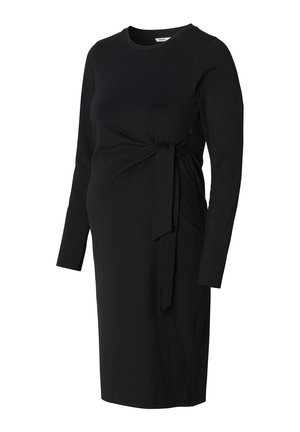 Schwarzes Umstandskleid mit langen Ärmeln, rundem Ausschnitt und gebundenem Taillendetail. Hergestellt aus weichem Stoff, mit lockerer Passform für maximalen Komfort.