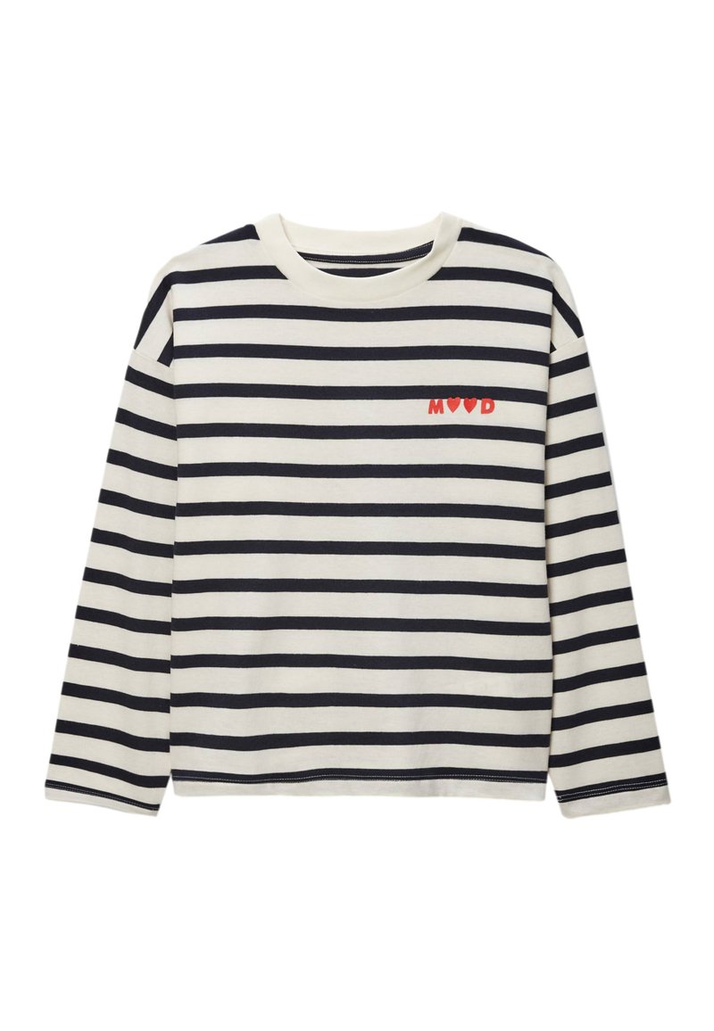 Chemise à rayures à manches longues en crème et marine, ornée d'un petit graphique rouge "MOOD". Tissu en coton avec un col rond et une coupe décontractée.