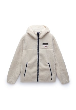 Fleece hoodie in cream with textured surface, front zipper, two side pockets, and navy trim. Features a logo patch on the chest.