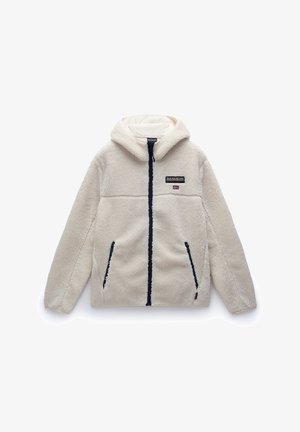 Fleece hoodie in cream with textured surface, front zipper, two side pockets, and navy trim. Features a logo patch on the chest.