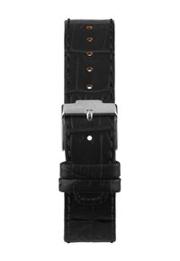 Schwarzes Lederarmband mit Krokodilprägung, silberner Metallschnalle und mehreren Einstelllöchern zur Größenanpassung.