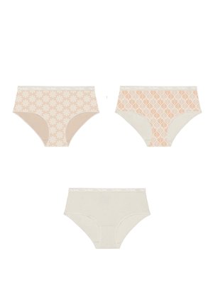 Trois paires de culottes beiges pour femmes, deux avec des motifs floraux et feuillages, et une unie, toutes avec des ceintures de marque.