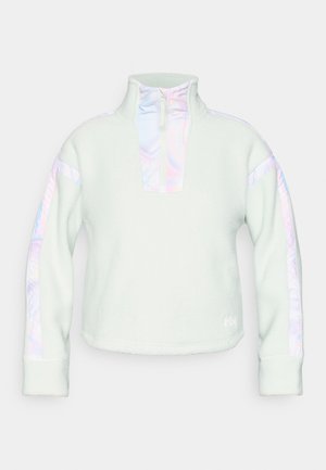 Sudadera de forro polar en verde menta claro con cuello de media cremallera. Presenta rayas de acento iridiscentes en las mangas y un material texturizado.