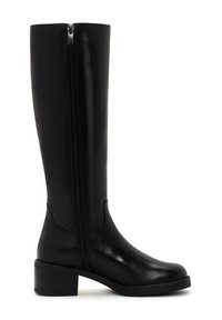 Botte noire à hauteur de genou en cuir lisse, dotée d'une fermeture éclair sur le côté, d'un bout arrondi et d'un talon carré chunky.