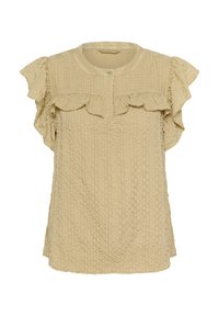 Blouse beige texturée à manches courtes avec détail volanté sur le yoke et une fermeture par un seul bouton au col rond.