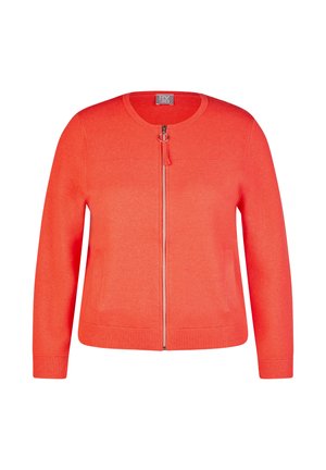 Bright coral long-sleeve cardigan with round neckline, front zipper with ring pull, ribbed cuffs, and two front pockets.