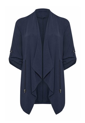 Cardigan bleu marine à ouverture avant, manches retroussées, cordons ajustables sur les côtés et ourlet en cascade effilé.