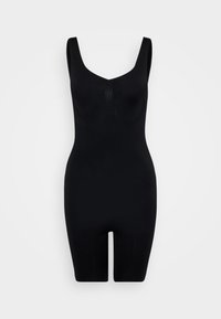 Černý body s elegantním designem, širokými ramínky, výstřihem do V a hladkým, elastickým materiálem. Má střih do poloviny stehna.