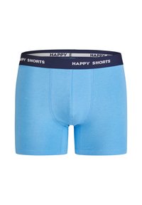 Světle modré boxerské šortky s tmavě modrým pasem, na kterém je vytištěno "HAPPY SHORTS" bílou barvou. Vyrobeny z jemného, elastického materiálu se hladkým povrchem.