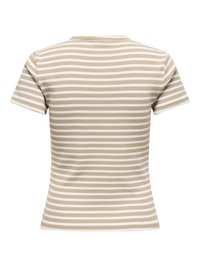 Beige en wit horizontaal gestreept kortemouwen geribd gebreid shirt, gezien van achteren met een ronde halslijn.