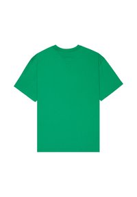 Jednofarebné zelené tričko s krátkym rukávom zobrazené zozadu s okrúhlym výstrihom na bielom pozadí.