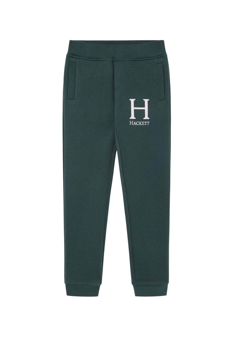Pantalons de survêtement vert foncé en tissu doux, comportant deux poches latérales et un logo blanc "H" et "HACKETT" sur la cuisse gauche.
