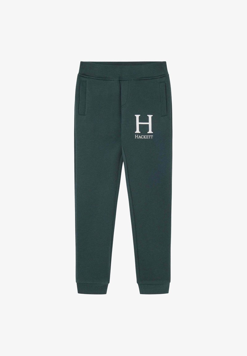 Mörkgröna sweatpants i mjukt tyg, med två sidofickor och en vit logotyp "H" samt "HACKETT" på vänstra låret.
