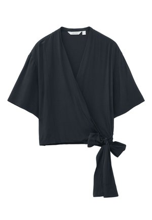 Zwarte wikkelblouse met wijde mouwen en een zijstrik in de taille, met een V-hals en een losse pasvorm.