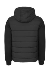 Black padded jacket with a hood, featuring horizontal quilted texture on the body and solid black sleeves. Elastic cuffs at the wrists.