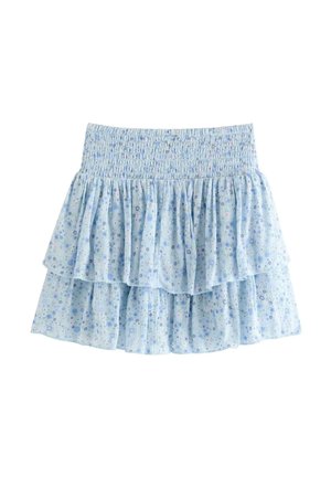 Vaaleansininen kerroksellinen hame, jossa on ryppyinen vyötärö ja pieni kukkakuvio sekä röyhelökerrokset.