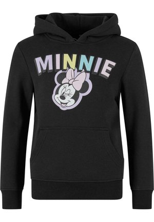 Hoodie noir avec une poche frontale, des poignets et un ourlet côtelés, arborant un graphique d'un personnage souriant et le texte "MINNIE" dans des couleurs pastel.