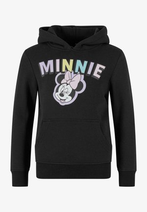 Musta kapuutsiga särk, millel on esikotis, ribikojad ja äär ning millel on nutiline tegelane ja tekst "MINNIE" pastellvärvides.