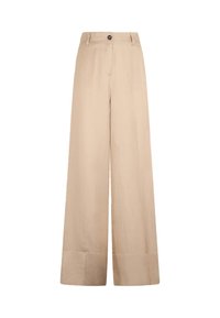 Pantaloni beige a gamba larga con vita alta, un singolo bottone anteriore e una texture del tessuto liscia. Taglio diritto e fluido con una finitura pulita.