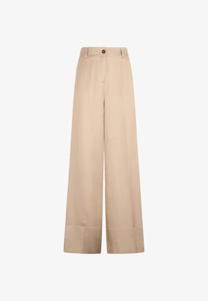 Pantaloni beige a gamba larga con vita alta, un singolo bottone anteriore e una texture del tessuto liscia. Taglio diritto e fluido con una finitura pulita.