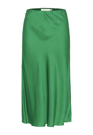 Grønt satin midi-skirt med en glat tekstur, elastisk talje og et flydende design; har sidelæg for øget bevægelsesfrihed.