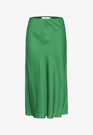 Zelena saten midi suknja s glatkom teksturom, elastičnom pojasom i lepršavim dizajnom; ima bočne proreze za dodatnu pokretljivost.