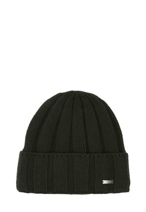 Black knitted winter beanie hat with ribbed texture and a folded cuff featuring a small metal brand tag.