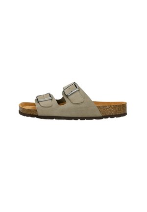Sandales à boucle avec une tige en daim gris, deux boucles en métal argenté réglables, une semelle intermédiaire en liège et une semelle extérieure en caoutchouc marron.