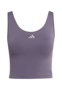Lila kurz geschnittener Sporttanktop mit breiten Trägern und einem kleinen, zentrierten Adidas-Logo auf der Brust.