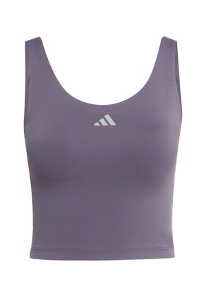 Ljubičasti skraćeni atletski top s širokim trakama i malim centriranim Adidas logotipom na prsima.