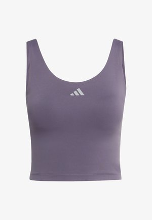 Top de deporte corto morado con tirantes anchos y un pequeño logo de Adidas centrado en el pecho.