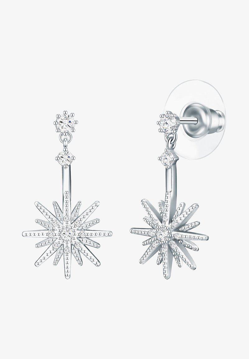 Strieborné náušnice v tvare hviezdy s trblietavými akcentmi, lineárnym dizajnom a textúrovaným povrchom s detailmi z korálikov.