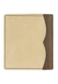 Cartera de cuero beige con un acento de cuero marrón oscuro a lo largo del borde derecho, detallada con costuras oscuras.