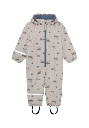 Completo impermeabile per bambini beige chiaro con cappuccio, stampa di auto e coni stradali, cerniera blu, polsini elasticizzati, bande riflettenti su braccia e gambe, cinturini per i piedi.